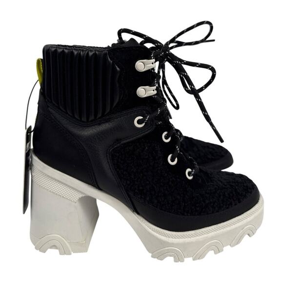Sorel Brex Heel Cozy Lace Bootie Womens 6.5 Black Leather Faux Shearling